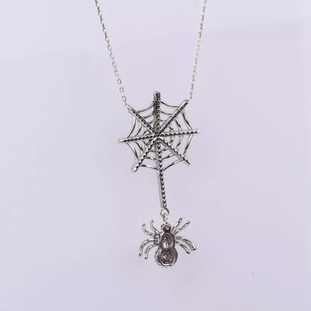 Emerald web & Pink Topaz Spider sterling necklace 18" - Picture 3 of 3